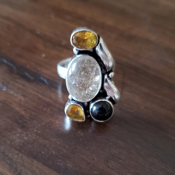 New Rutile Quartz, Citrine, Black Onyx 925 Silver Ring. - Picture 2 of 10